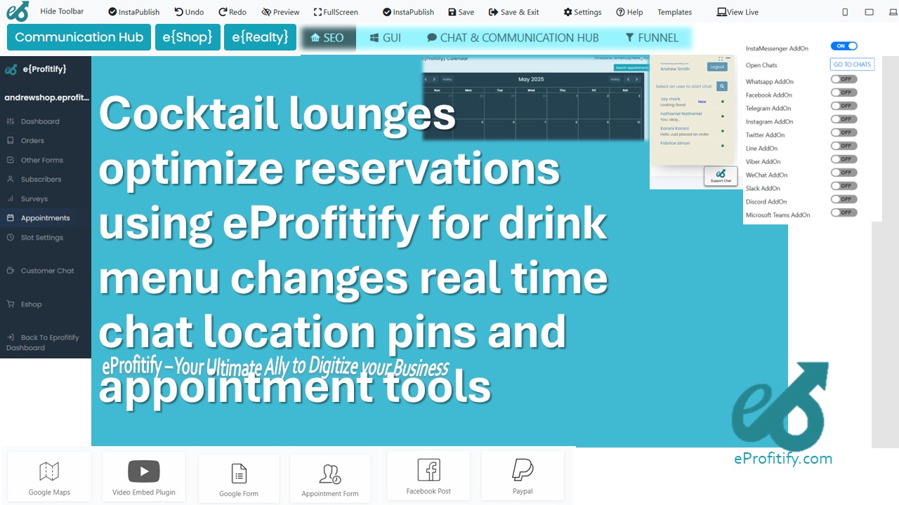 Cocktail lounges optimize reservations using eProfitify for drink menu changes real time chat location pins and appointment tools